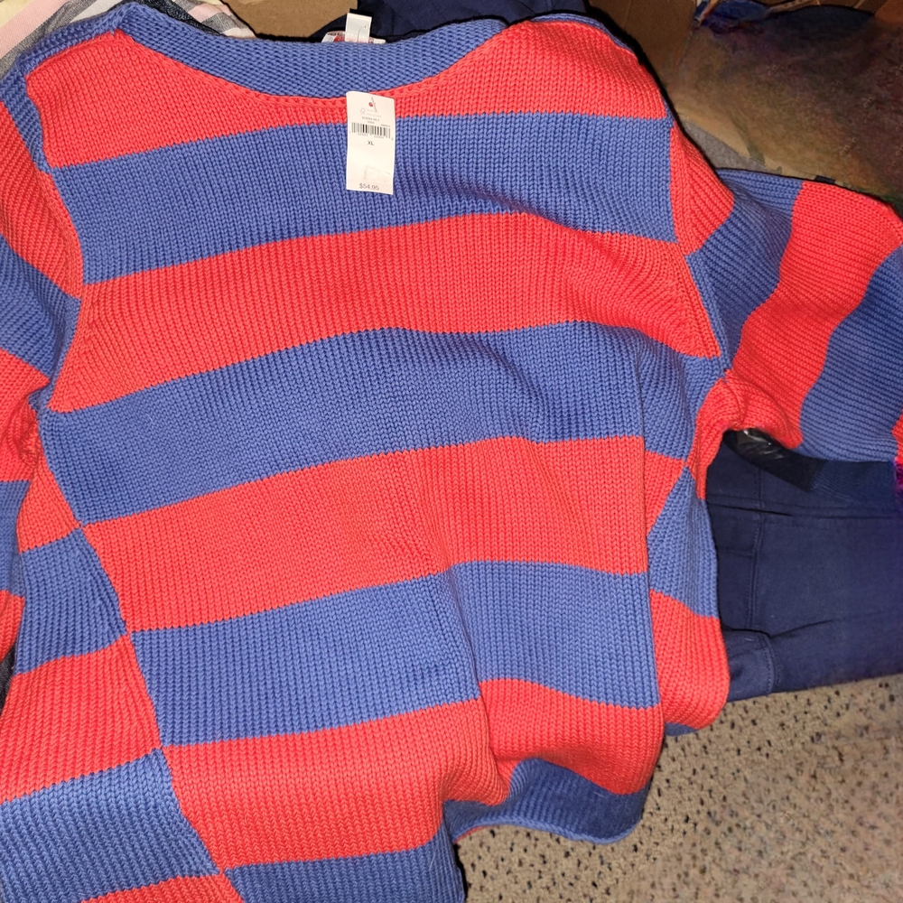 GAP Navy and Coral Striped Knit Sweater